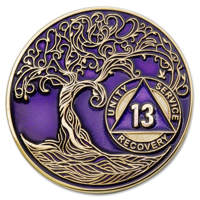 13 Year Sobriety Mint Twisted Tree of Life Gold Plated AA Recovery Medallion - Thirteen Year Chip/Coin - Purple