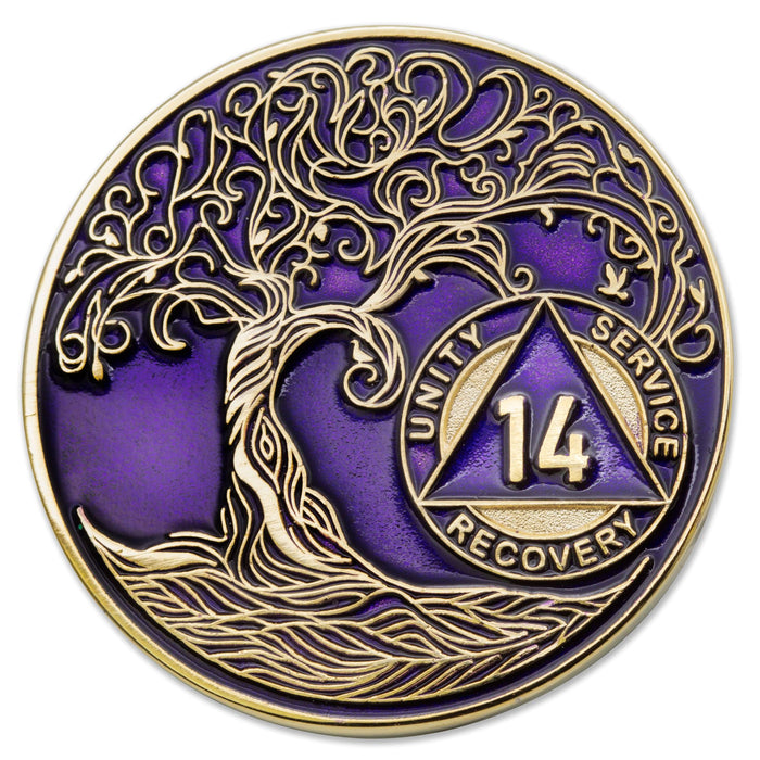 14 Year Sobriety Mint Twisted Tree of Life Gold Plated AA Recovery Medallion - Fourteen Year Chip/Coin - Purple