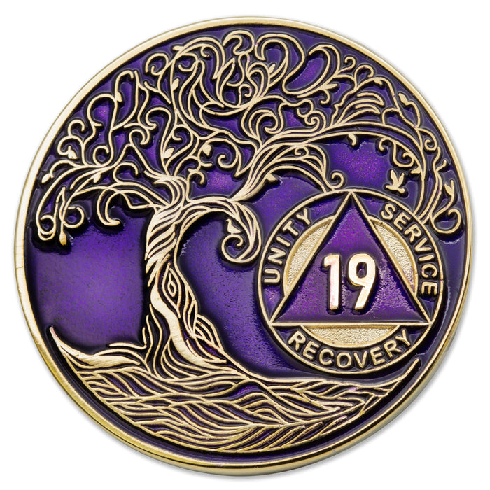 19 Year Sobriety Mint Twisted Tree of Life Gold Plated AA Recovery Medallion - Nineteen Year Chip/Coin - Purple