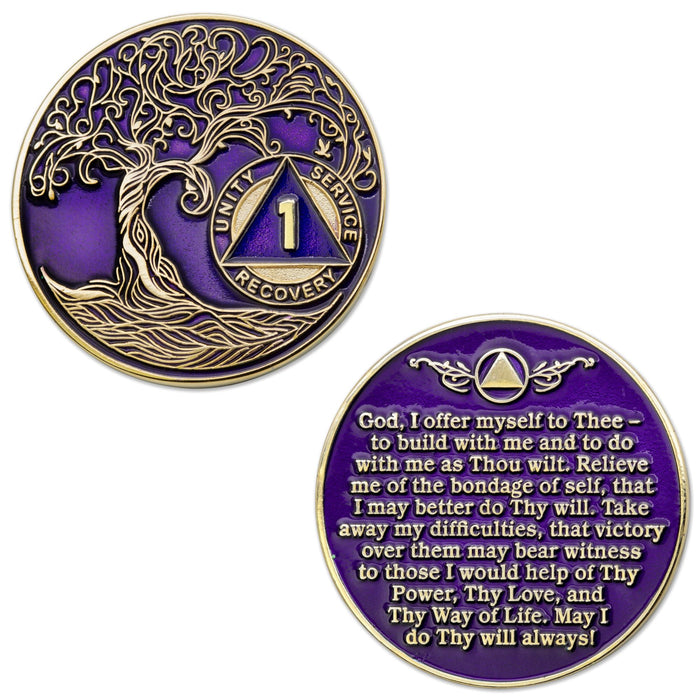 1 Year Sobriety Mint Twisted Tree of Life Gold Plated AA Recovery Medallion/Chip/Coin - Purple + Velvet Box