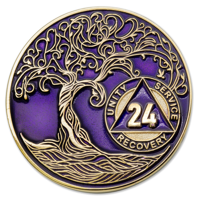 24 Year Sobriety Mint Twisted Tree of Life Gold Plated AA Recovery Medallion - Twenty Four Year Chip/Coin - Purple