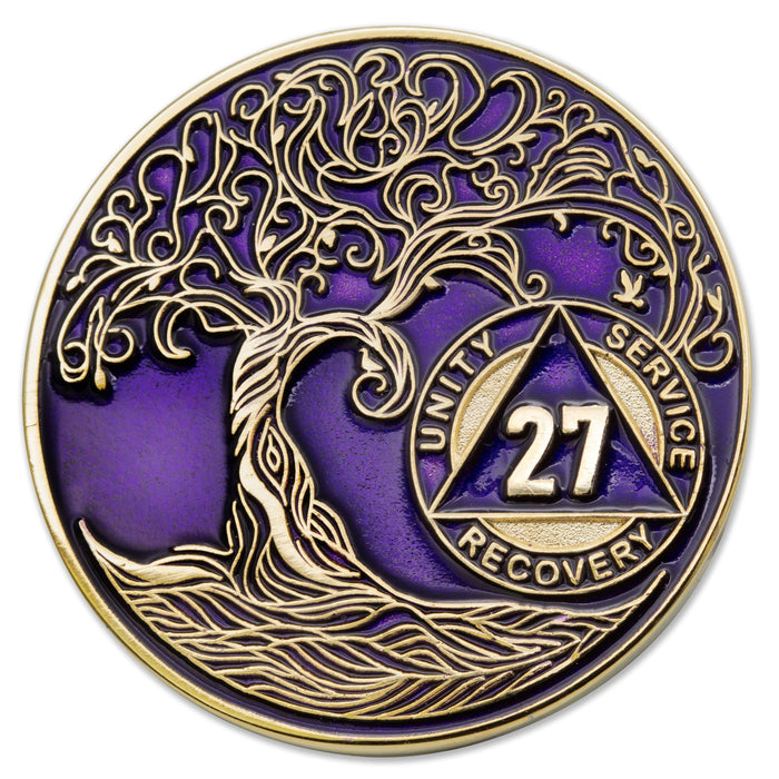27 Year Sobriety Mint Twisted Tree of Life Gold Plated AA Recovery Medallion - Twenty Seven Year Chip/Coin - Purple