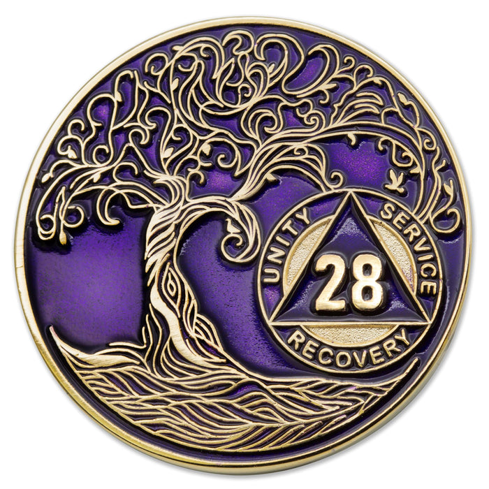 28 Year Sobriety Mint Twisted Tree of Life Gold Plated AA Recovery Medallion - Twenty Eight Year Chip/Coin - Purple