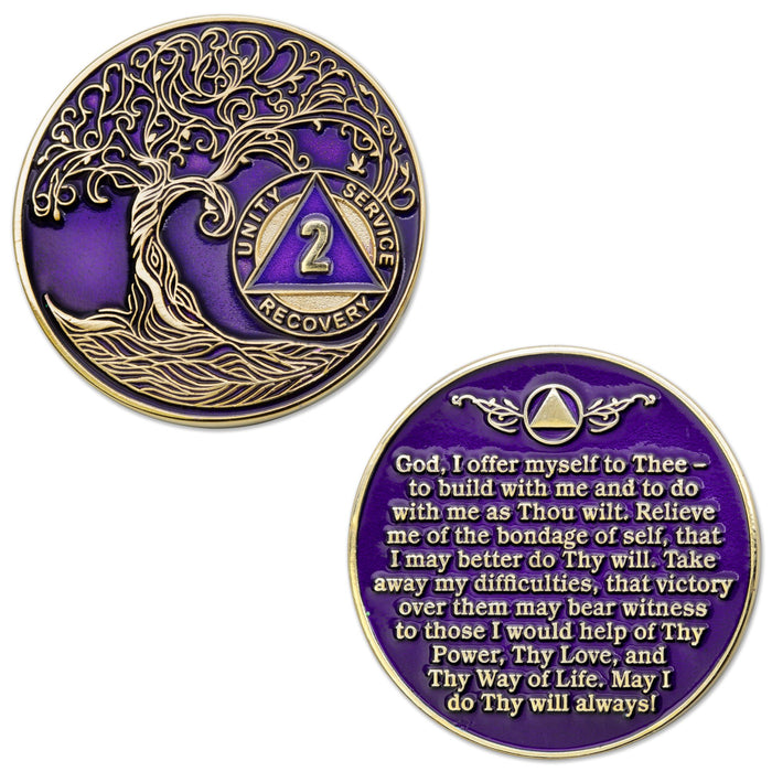 2 Year Sobriety Mint Twisted Tree of Life Gold Plated AA Recovery Medallion/Chip/Coin - Purple + Velvet Box