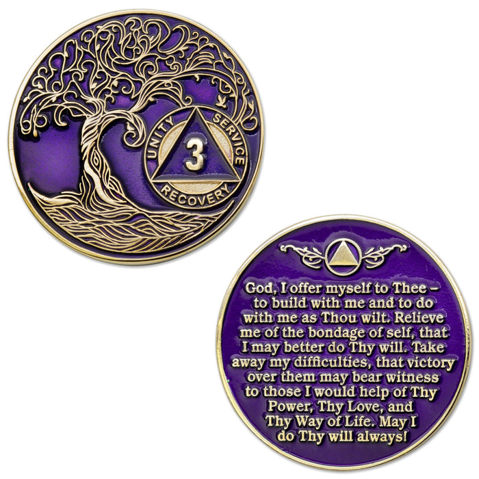 3 Year Sobriety Mint Twisted Tree of Life Gold Plated AA Recovery Medallion/Chip/Coin - Purple + Velvet Box