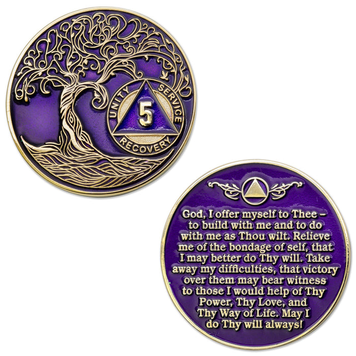 5 Year Sobriety Mint Twisted Tree of Life Gold Plated AA Recovery Medallion - Five Year Chip/Coin - Purple