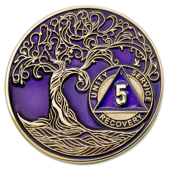 5 Year Sobriety Mint Twisted Tree of Life Gold Plated AA Recovery Medallion - Five Year Chip/Coin - Purple