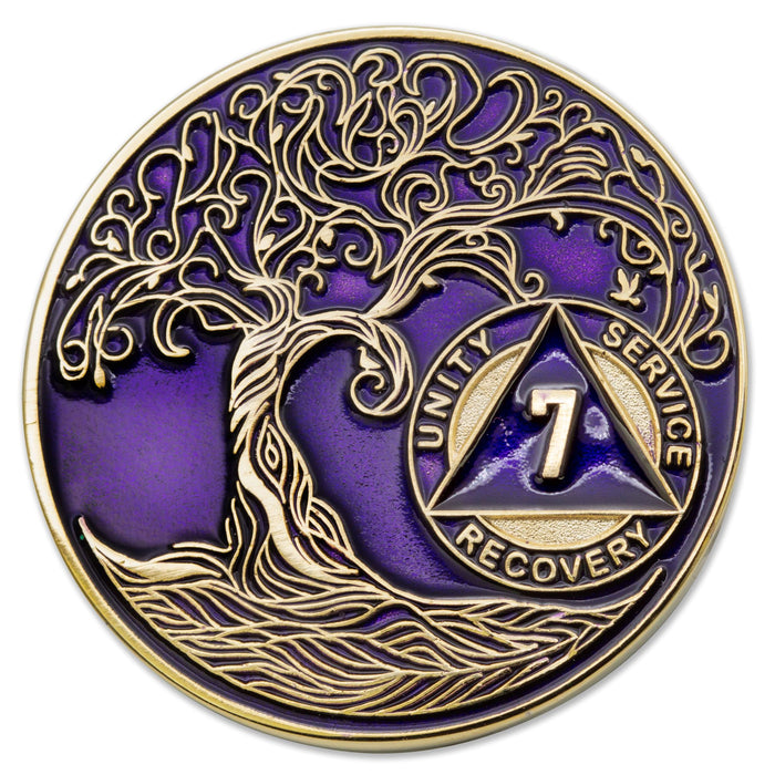 7 Year Sobriety Mint Twisted Tree of Life Gold Plated AA Recovery Medallion - Seven Year Chip/Coin - Purple