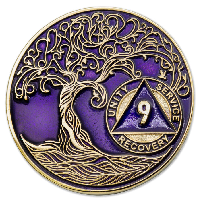 9 Year Sobriety Mint Twisted Tree of Life Gold Plated AA Recovery Medallion - Nine Year Chip/Coin - Purple