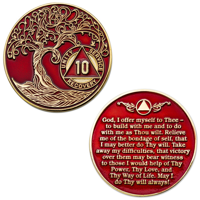 10 Year Sobriety Mint Twisted Tree of Life Gold Plated AA Recovery Medallion - Ten Year Chip/Coin - Red