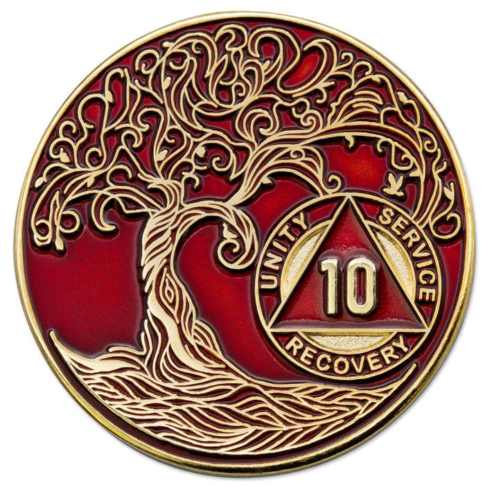 10 Year Sobriety Mint Twisted Tree of Life Gold Plated AA Recovery Medallion - Ten Year Chip/Coin - Red