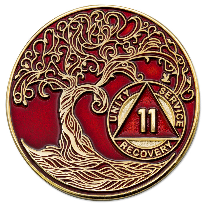 11 Year Sobriety Mint Twisted Tree of Life Gold Plated AA Recovery Medallion - Eleven Year Chip/Coin - Red