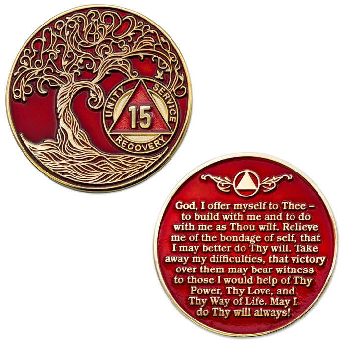 15 Year Sobriety Mint Twisted Tree of Life Gold Plated AA Recovery Medallion - Fifteen Year Chip/Coin - Red