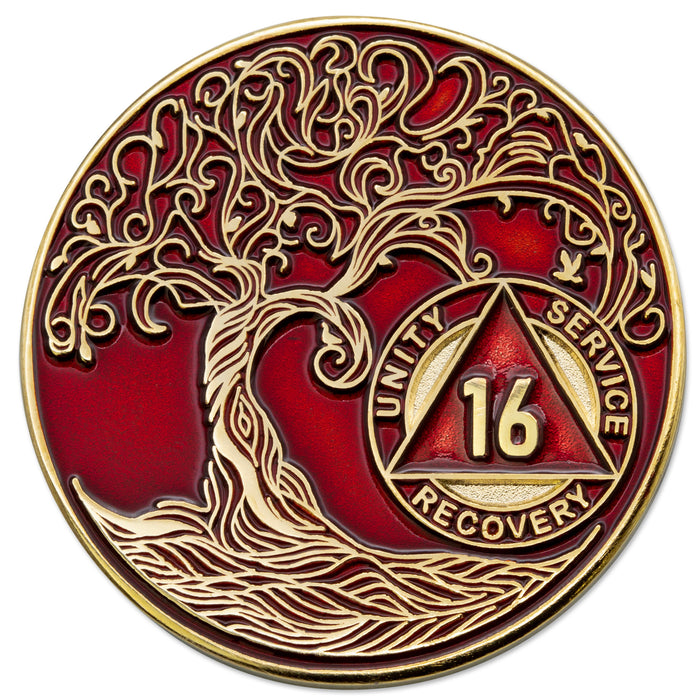 16 Year Sobriety Mint Twisted Tree of Life Gold Plated AA Recovery Medallion - Sixteen Year Chip/Coin - Red