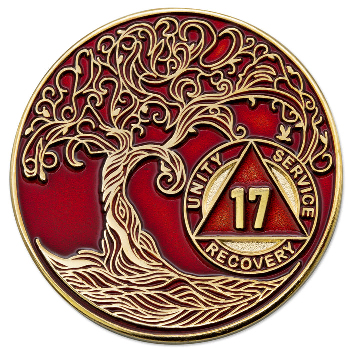 17 Year Sobriety Mint Twisted Tree of Life Gold Plated AA Recovery Medallion - Seventeen Year Chip/Coin - Red