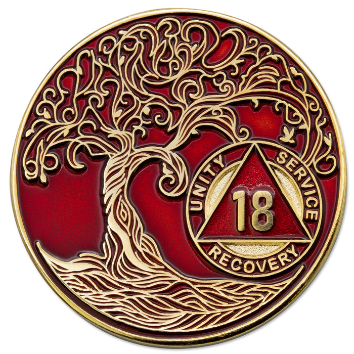 18 Year Sobriety Mint Twisted Tree of Life Gold Plated AA Recovery Medallion - Eighteen Year Chip/Coin - Red