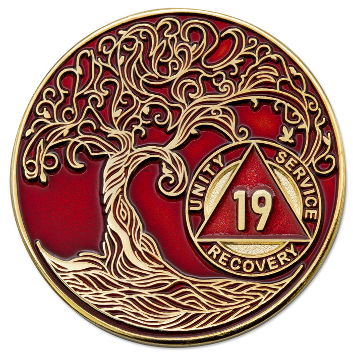 19 Year Sobriety Mint Twisted Tree of Life Gold Plated AA Recovery Medallion - Nineteen Year Chip/Coin - Red