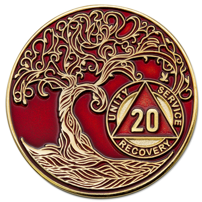 20 Year Sobriety Mint Twisted Tree of Life Gold Plated AA Recovery Medallion - Twenty Year Chip/Coin - Red