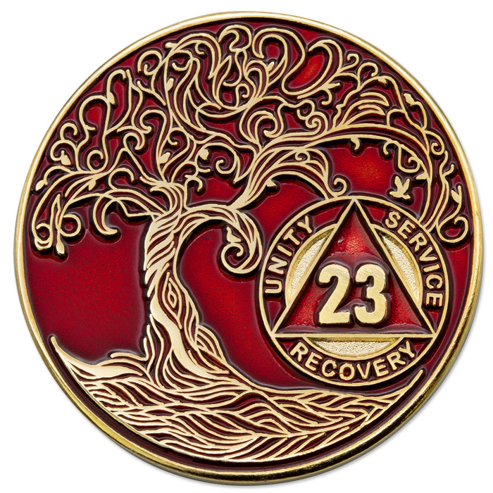 23 Year Sobriety Mint Twisted Tree of Life Gold Plated AA Recovery Medallion - Twenty Three Year Chip/Coin - Red