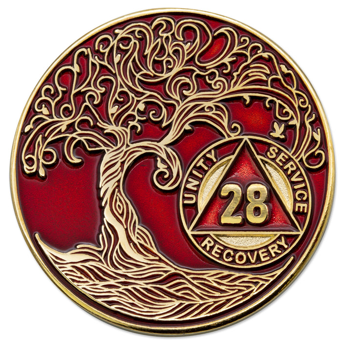 28 Year Sobriety Mint Twisted Tree of Life Gold Plated AA Recovery Medallion - Twenty Eight Year Chip/Coin - Red