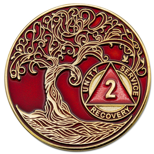 2 Year Sobriety Mint Twisted Tree of Life Gold Plated AA Recovery Medallion - Two Year Chip/Coin - Black