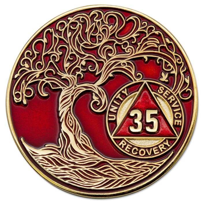 1 to 50 Year Sobriety Mint Twisted Tree of Life Gold Plated AA Recovery Medallion/Chip/Coin - Red