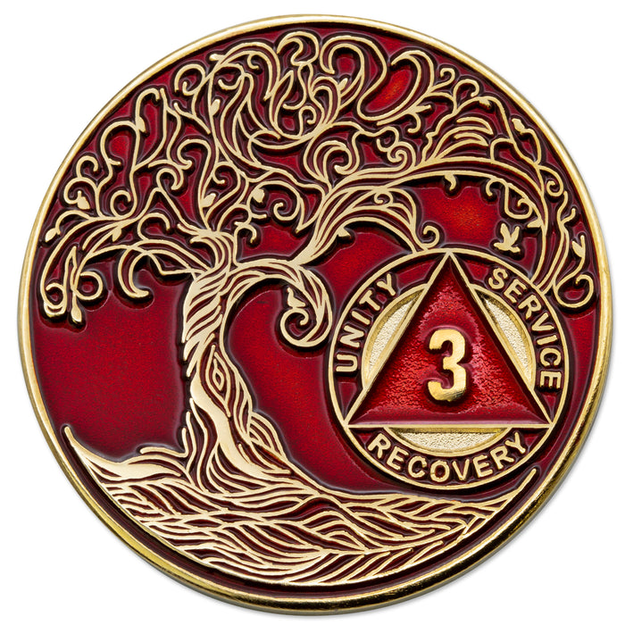 3 Year Sobriety Mint Twisted Tree of Life Gold Plated AA Recovery Medallion - Three Year Chip/Coin - Red