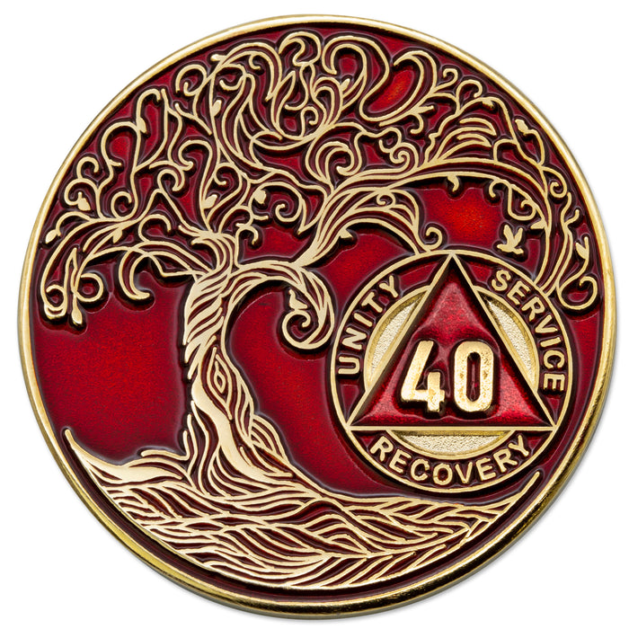 1 to 50 Year Sobriety Mint Twisted Tree of Life Gold Plated AA Recovery Medallion/Chip/Coin - Red