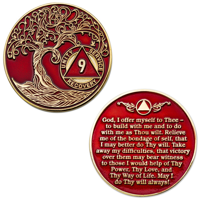 9 Year Sobriety Mint Twisted Tree of Life Gold Plated AA Recovery Medallion - Nine Year Chip/Coin - Red