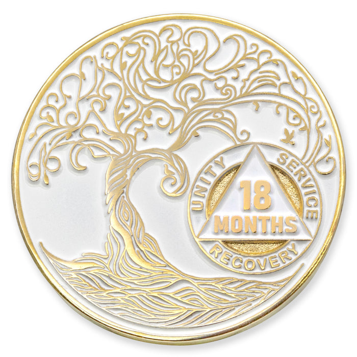 1 to 50 Year Sobriety Mint Twisted Tree of Life Gold Plated AA Recovery Medallion/Chip/Coin - White