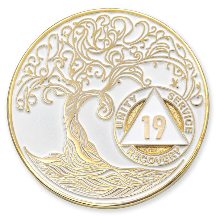 19 Year Sobriety Mint Twisted Tree of Life Gold Plated AA Recovery Medallion - Nineteen Year Chip/Coin - White + Velvet Case