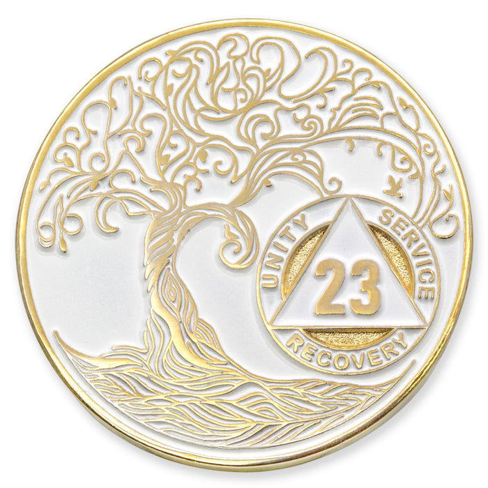 23 Year Sobriety Mint Twisted Tree of Life Gold Plated AA Recovery Medallion - Twenty-Three Year Chip/Coin - White