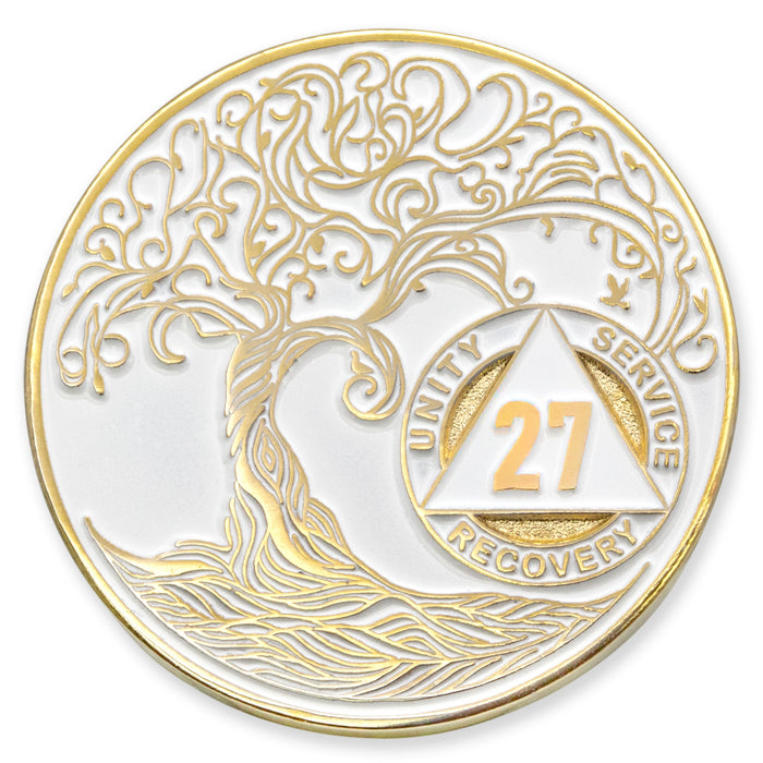 27 Year Sobriety Mint Twisted Tree of Life Gold Plated AA Recovery Medallion - Twenty Seven Year Chip/Coin - White + Velvet Case