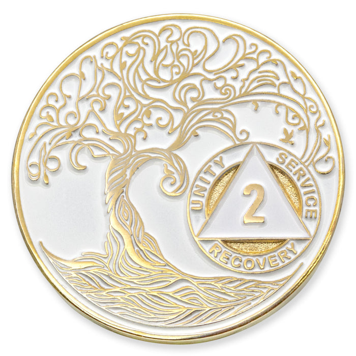 2 Year Sobriety Mint Twisted Tree of Life Gold Plated AA Recovery Medallion - Two Year Chip/Coin - White + Velvet Case