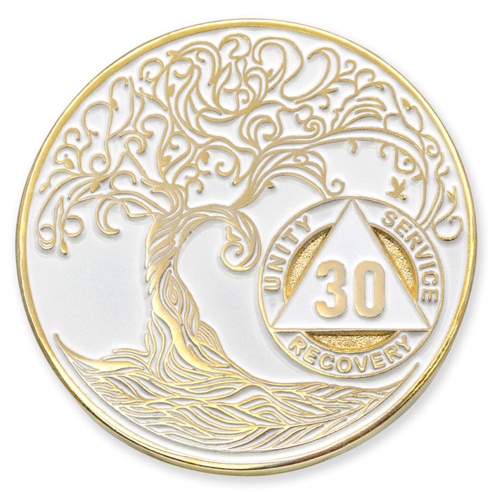 30 Year Sobriety Mint Twisted Tree of Life Gold Plated AA Recovery Medallion - Thirty Year Chip/Coin - White + Velvet Case