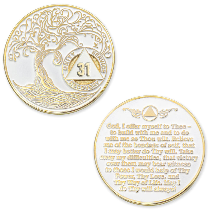 31 Year Sobriety Mint Twisted Tree of Life Gold Plated AA Recovery Medallion - Thirty-One Year Chip/Coin - White