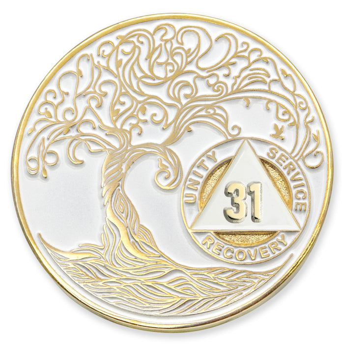 31 Year Sobriety Mint Twisted Tree of Life Gold Plated AA Recovery Medallion - Thirty-One Year Chip/Coin - White
