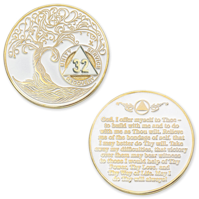 32 Year Sobriety Mint Twisted Tree of Life Gold Plated AA Recovery Medallion - Thirty-Two Year Chip/Coin - White