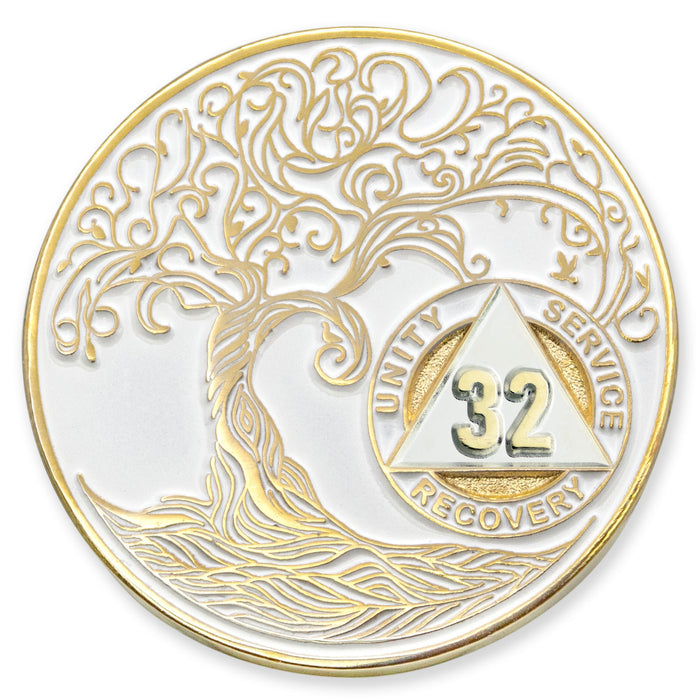 32 Year Sobriety Mint Twisted Tree of Life Gold Plated AA Recovery Medallion - Thirty-Two Year Chip/Coin - White + Velvet Case