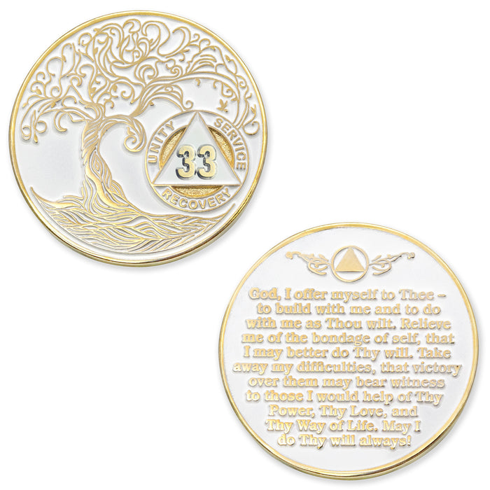 33 Year Sobriety Mint Twisted Tree of Life Gold Plated AA Recovery Medallion - Thirty-Three Year Chip/Coin - White
