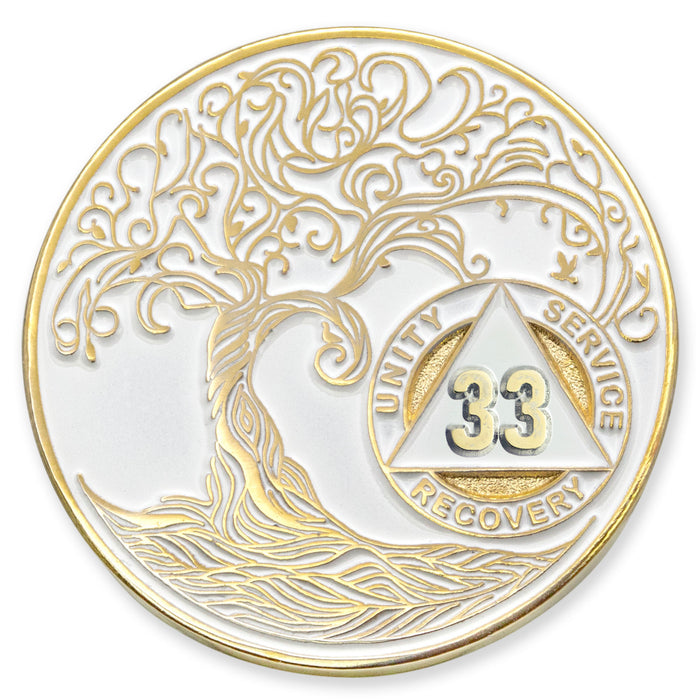 33 Year Sobriety Mint Twisted Tree of Life Gold Plated AA Recovery Medallion - Thirty-Three Year Chip/Coin - White + Velvet Case