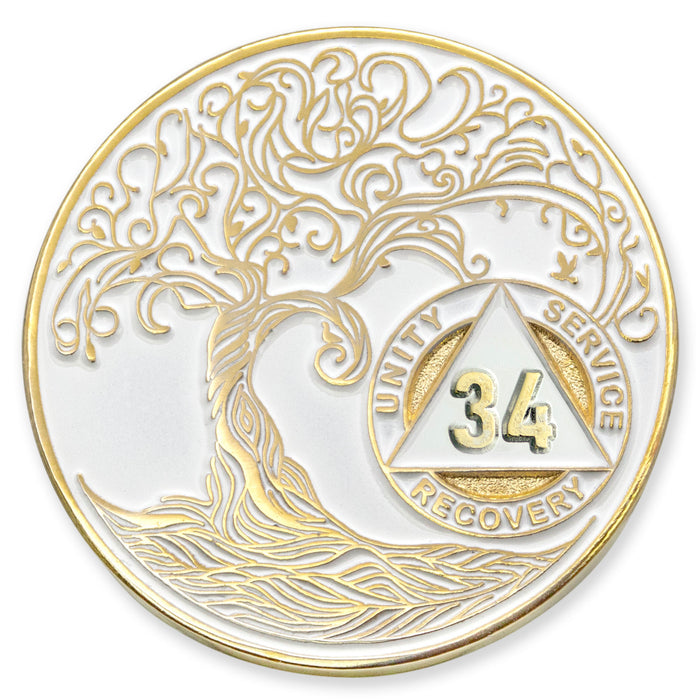 34 Year Sobriety Mint Twisted Tree of Life Gold Plated AA Recovery Medallion - Thirty-Four Year Chip/Coin - White