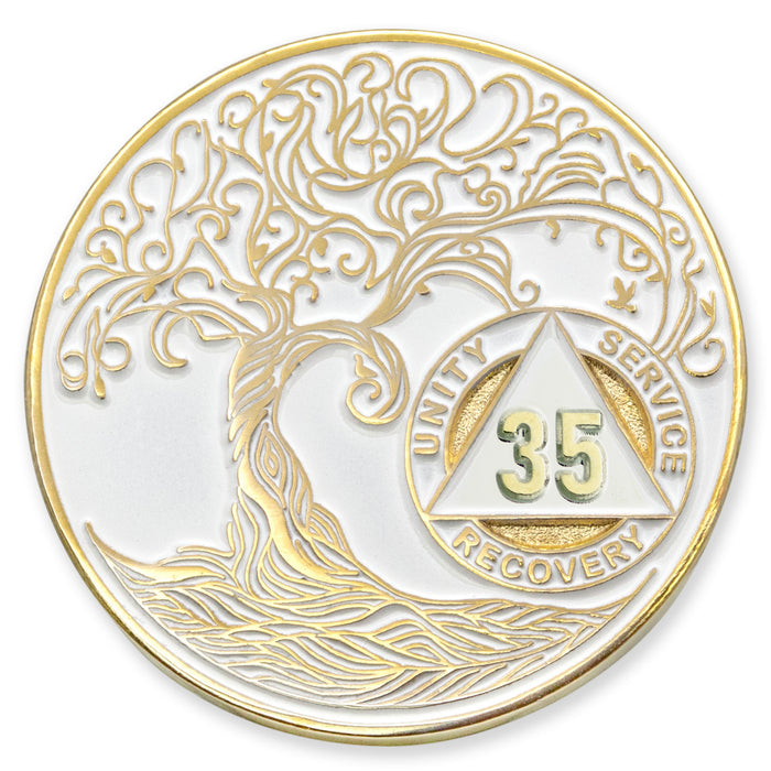 35 Year Sobriety Mint Twisted Tree of Life Gold Plated AA Recovery Medallion - Thirty-Five Year Chip/Coin - White + Velvet Case