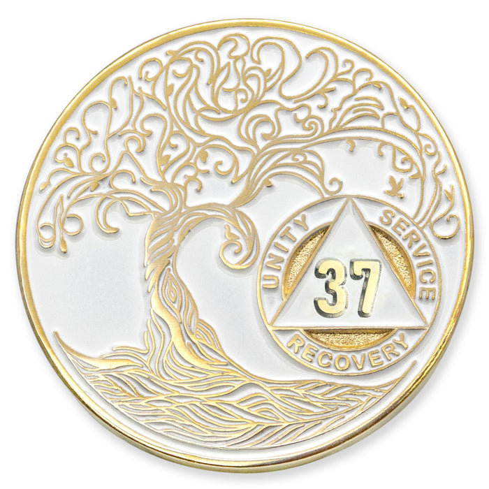 37 Year Sobriety Mint Twisted Tree of Life Gold Plated AA Recovery Medallion - Thirty-Seven Year Chip/Coin - White + Velvet Case