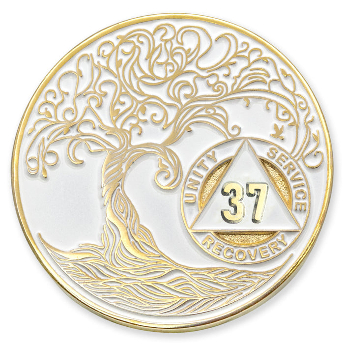 37 Year Sobriety Mint Twisted Tree of Life Gold Plated AA Recovery Medallion - Thirty-Seven Year Chip/Coin - White