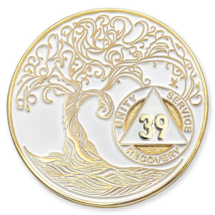 39 Year Sobriety Mint Twisted Tree of Life Gold Plated AA Recovery Medallion - Thirty-Nine Year Chip/Coin - White + Velvet Case