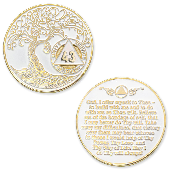 43 Year Sobriety Mint Twisted Tree of Life Gold Plated AA Recovery Medallion - Forty-Three Year Chip/Coin - White + Velvet Case