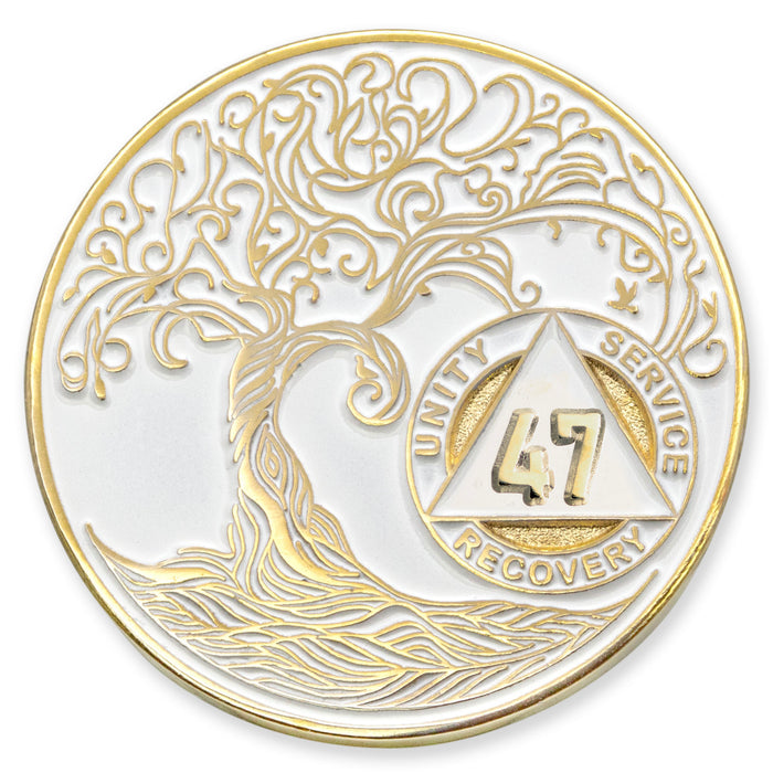 47 Year Sobriety Mint Twisted Tree of Life Gold Plated AA Recovery Medallion - Forty-Seven Year Chip/Coin - White + Velvet Case
