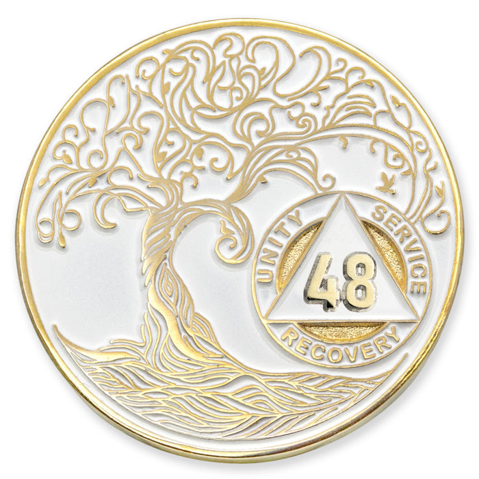 48 Year Sobriety Mint Twisted Tree of Life Gold Plated AA Recovery Medallion - Forty-Eight Year Chip/Coin - White + Velvet Case