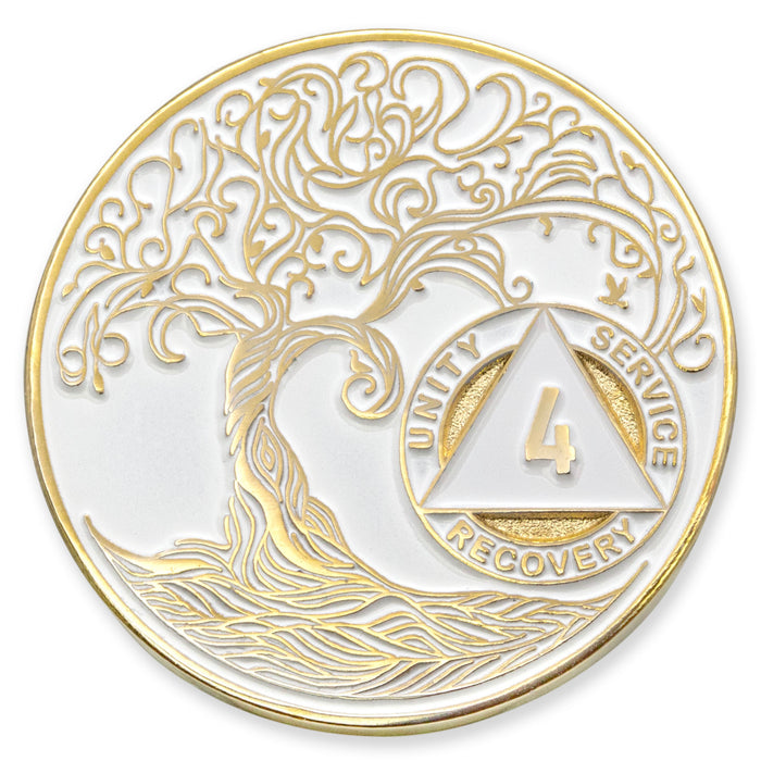 4 Year Sobriety Mint Twisted Tree of Life Gold Plated AA Recovery Medallion - Four Year Chip/Coin - White